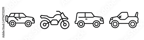 Off road vehicles and motorcycle line art icons representing adventure and exploration