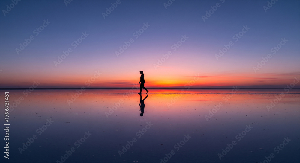 Fototapeta premium Silhouette Stroll Person Reflecting in Waters at Sunrise