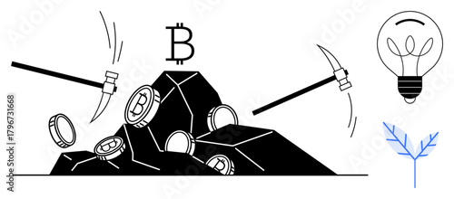 Pickaxes striking rocks uncover Bitcoin coins, symbolizing cryptocurrency mining. Light bulb and plant branch concept suggest innovation, ideas, and sustainability. Ideal for blockchain, technology