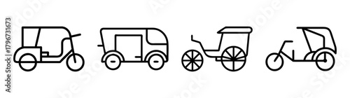 Four hand-drawn styles of rickshaws and cycle rickshaws presented in a row