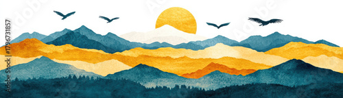 Watercolor mountain landscape with blue and orange layers, sun rising behind peaks, and birds flying in sky creating peaceful scene