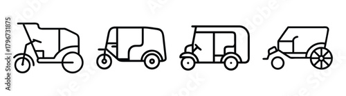 Diverse rickshaw designs line art icons set featuring traditional and modern auto rickshaws