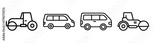 Line art icons of a road roller and two minivans in a row