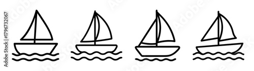 Four simple outline sailboat icons on wavy water surface depicting nautical themes and marine adventure