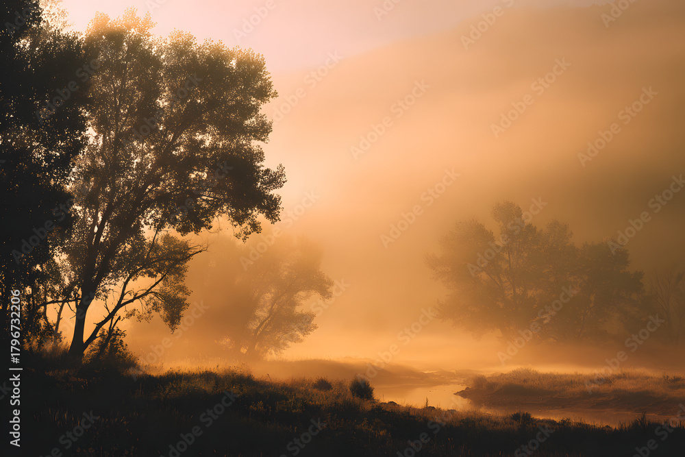 Fototapeta premium soft sunrise light filtering through morning mist in gentle warm tones creating a calm atmosphere of renewal