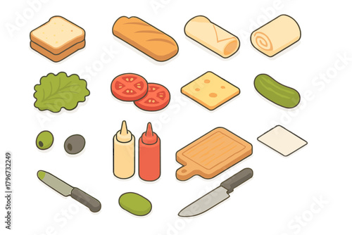 Isometric sandwich and wrap ingredients: bread, vegetables, cheese, sauces, and kitchen tools