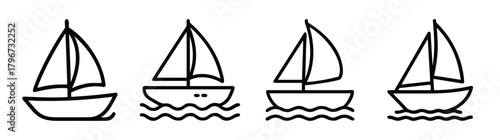 Four hand drawn sailboat icons with varying water levels and sail folds