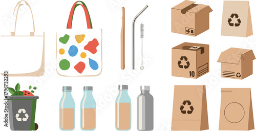 Collection of eco-friendly and reusable products for sustainable living, featuring tote bags, metal straws, cardboard boxes, recycling bins, and glass bottles