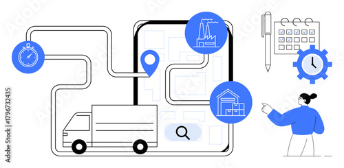 Truck navigating a mapped route with delivery points, factory, warehouse, stopwatch, calendar, clock, and planner. Ideal for logistics, planning efficiency time management supply chain delivery