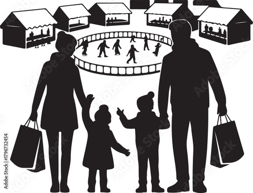 Happy family enjoying a festive winter market with ice skating