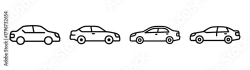Four sedan cars lined up side view simple line drawing automobile collection