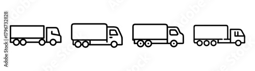 Four different styles of semi trucks lined up in a row simple line art