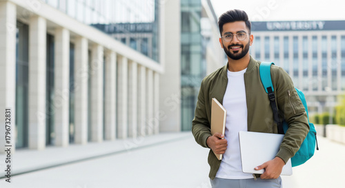 Smiling University Student Ready for Learning with Laptop and Backpack