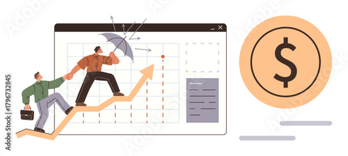 Two businesspeople climbing an upward graph holding an umbrella for protection, symbolizing teamwork, financial growth, and strategy. Ideal for business goals, finance stability, risk management