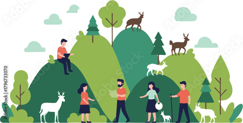 Connecting with nature diverse individuals engage in outdoor activities, work remotely, and interact with wildlife amidst a beautiful green hilly landscape