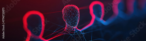 Digital glowing network of connected human silhouettes in red and blue light representing technology and communication in dark background