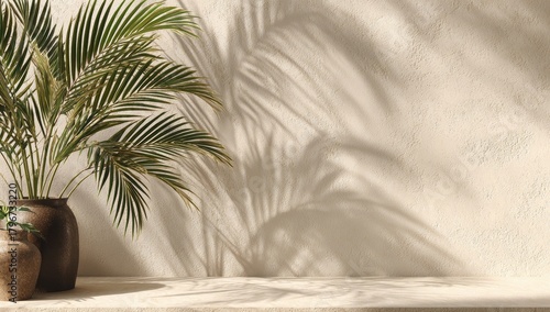 Tropical plant in rustic pot with shadow play on a textured wall