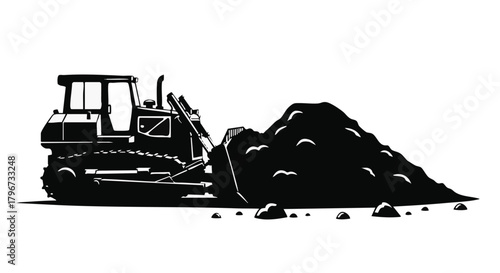 A black and white illustration depicts a bulldozer pushing a large pile of dirt, symbolizing construction, excavation, and the power of heavy machinery.