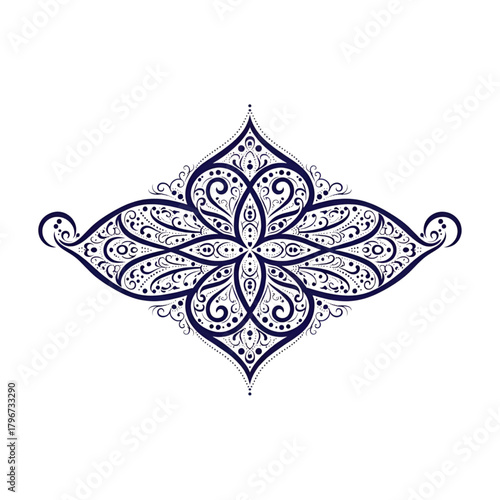 Detailed floral ornament with swirls and dots in a symmetrical arrangement design