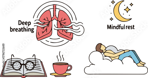 Mindfulness and Wellbeing Icons Deep Breathing, Rest, Reading, and Relaxation. Vector Set