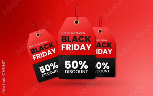 Three red tags with the words black friday and 50% discount on a red background, perfect for advertising your black friday sales and promotions, end of the season sale