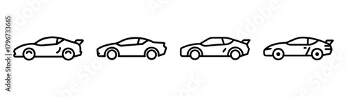 Four stylized sports cars lined up displaying different angles and details