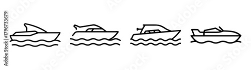 Collection of four line art speedboat icons on water simple nautical transport design