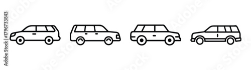 Collection of four station wagon vehicle outlines side view simple line drawings