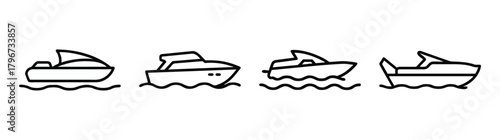 Collection of four line art speedboats sailing on water surface icons
