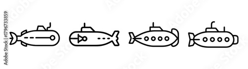 Row of four simple submarine icons line art for marine and naval themes