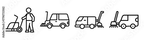 Street sweeping icons person mowing lawns and sweeping with vehicles for city maintenance