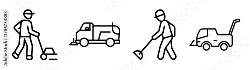 Street cleaning icons person sweeping and vehicles for municipal services and road maintenance
