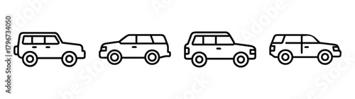 Line art collection of four diverse sport utility vehicles side view on white