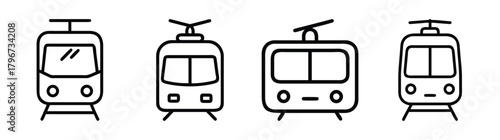 Simple line art icons of four different streetcars and trams for transportation graphics