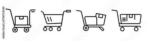 Collection of hand-drawn shopping carts and trolleys with boxes variety of designs