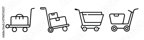 Collection of four simple line art trolleys and carts with various items being transported
