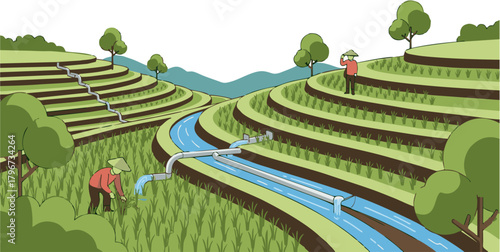 Vector illustration of a traditional terraced rice paddy field with farmers and a modern irrigation system