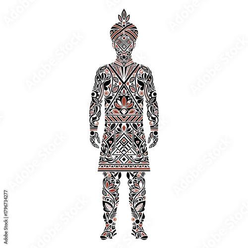Stylized figure of a man with turban and patterned clothing illustration art