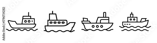 Set of four simple line art style tugboat icons on wavy water representing maritime transport