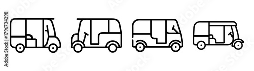 Four simple line art tuk-tuks showing different views and angles of the vehicle
