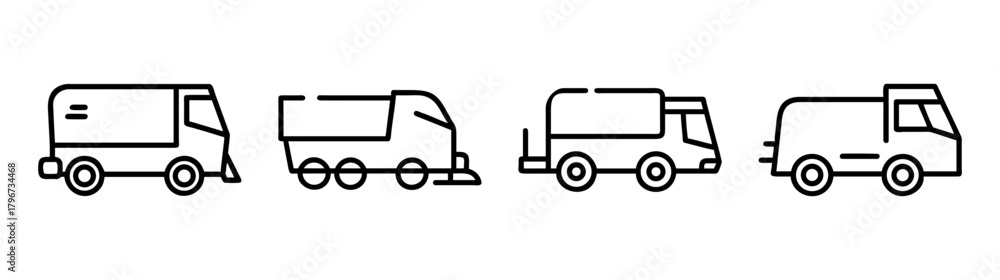 Naklejka premium Collection of simple line art delivery trucks and vans in various styles for logistics and transport