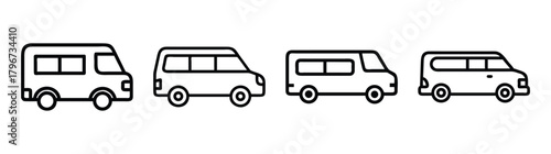 Row of simple line art vans for transport and travel convenience