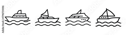 Set of four simple line drawing style boats sailing on wavy water ocean sea