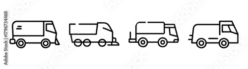 Collection of simple line art delivery trucks and vans in various styles for logistics and transport