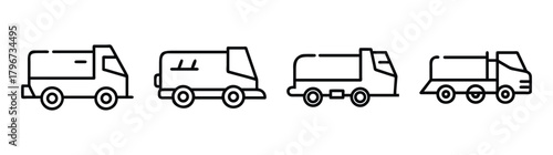 Four hand drawn style trucks including delivery service vehicle and dump truck