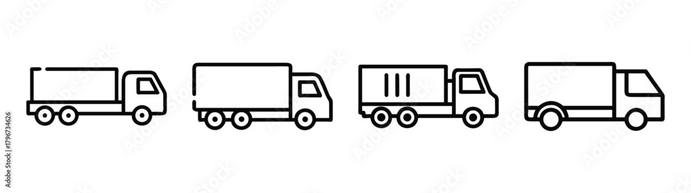 Fototapeta premium Set of line art delivery trucks transportation freight logistics vehicle icons