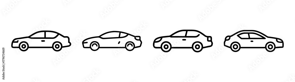 Fototapeta premium Set of four luxury sedan silhouettes with detailed outline elements