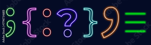 Neon Glowing Punctuation Symbols Set Colorful Light Outline Icons with Semicolon, Brackets, Question Mark and Lines on Dark Background