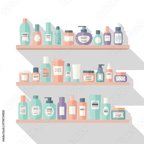 A flat illustration showcases various skincare and cosmetic products, neatly arranged on three shelves with soft pastel colors and long shadows.