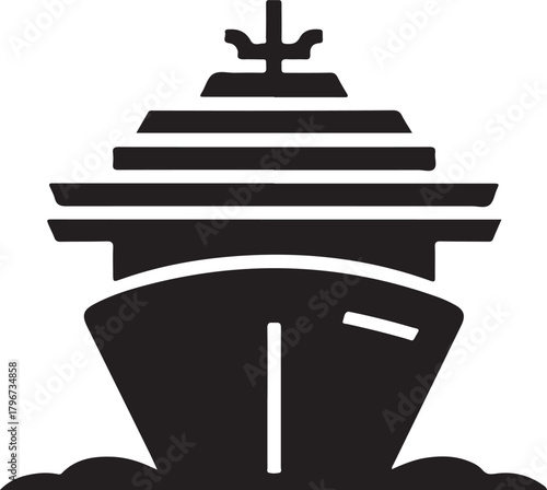 Vector graphic of a large ocean liner or cruise ship traveling forward, presented as a solid black silhouette icon.